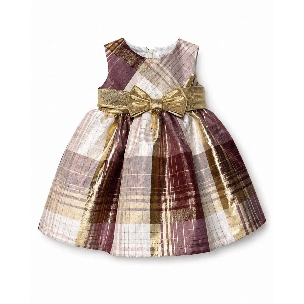 Bonnie Baby Girl’s Sleeveless Metallic Plaid Bow Dress Size 3-6 Months NWOT